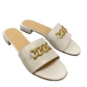 Andrea Carrano Leather Gold Chain Slide Sandals White NWB